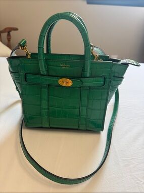 Mulberry Green Croc-Embossed Mini Satchel with Gold Hardware